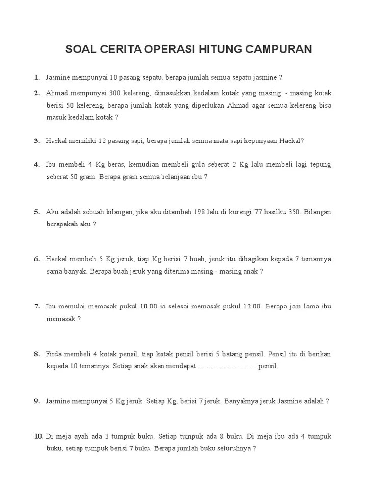 Soal Cerita Operasi Hitung Campuran Bilangan Pecahan Kelas 6 docx -  soalkunci