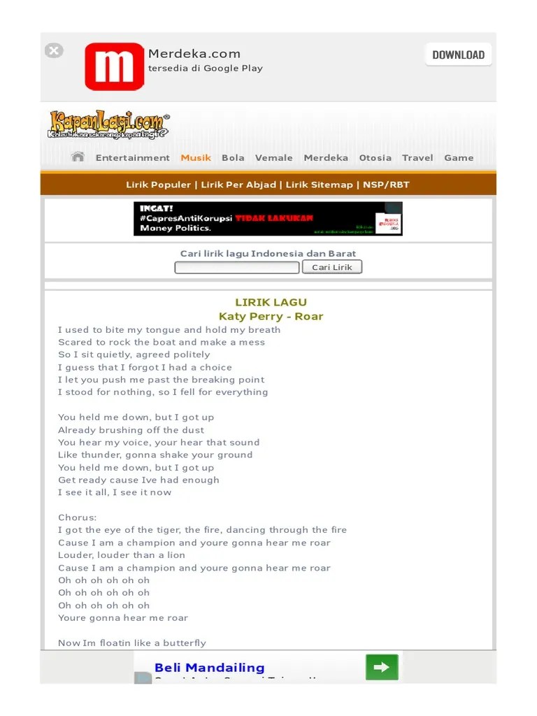 Lirik Lagu Katy Perry - Roar