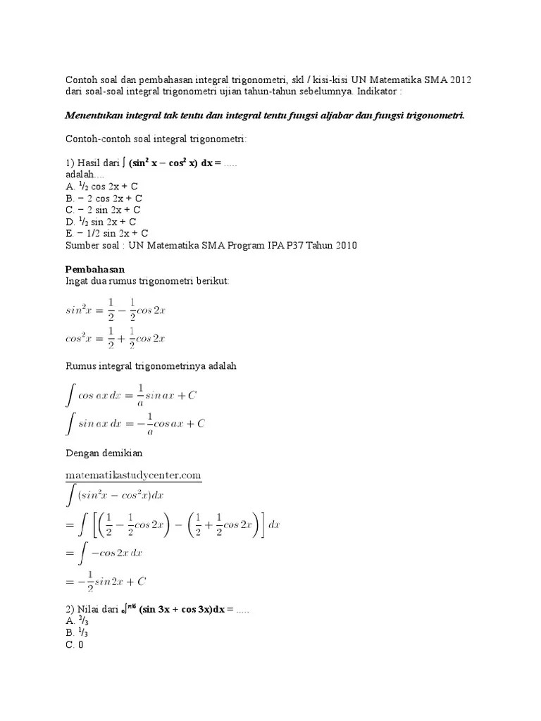 Contoh Soal Dan Pembahasan Integral Trigonometri
