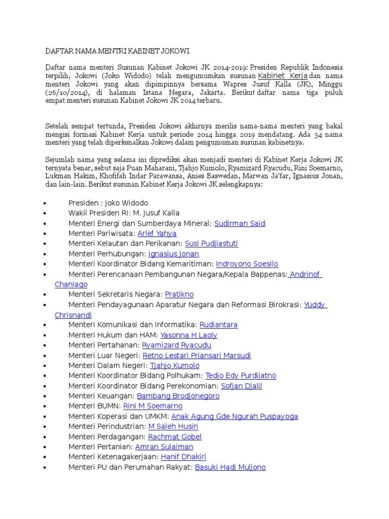 Daftar Nama Mentri Kabinet Jokowi | PDF