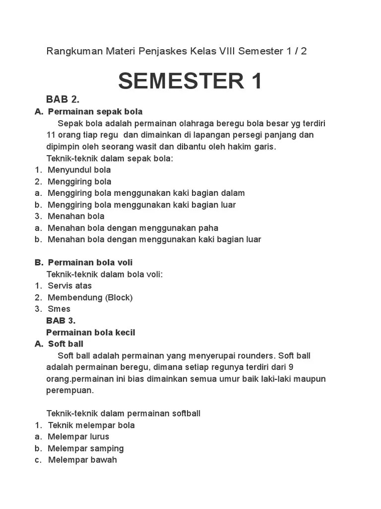 Rangkuman Materi Penjaskes Kelas VIII Semester 1 | PDF