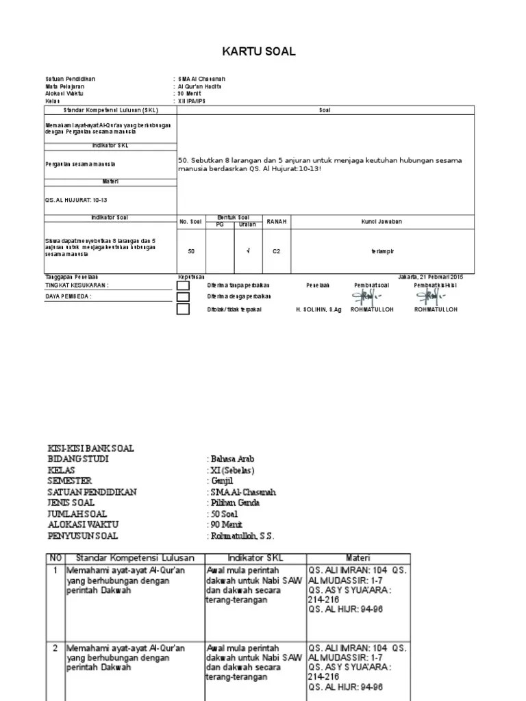 Kartu Dan Kisi-Kisi Bank Soal Al Quran - Us - Ok | PDF