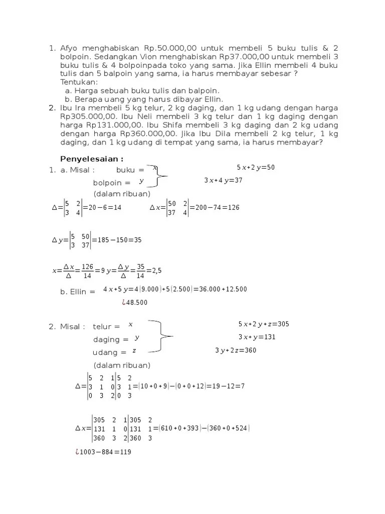 MAT. Peminatan - Soal Cerita SPLDV Dan SPLTV Beserta Penyelesaiannya (Riesz  R.R - 23) | PDF