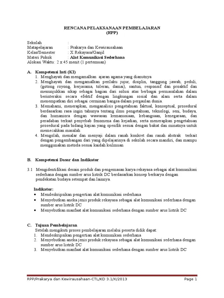 RPP Prakarya Dan Kewirausahaan Kelas X Alat Komunikasi Sederhana | PDF