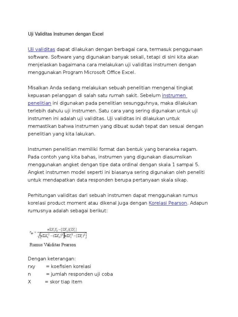 Uji Validitas Instrumen Dengan Excel