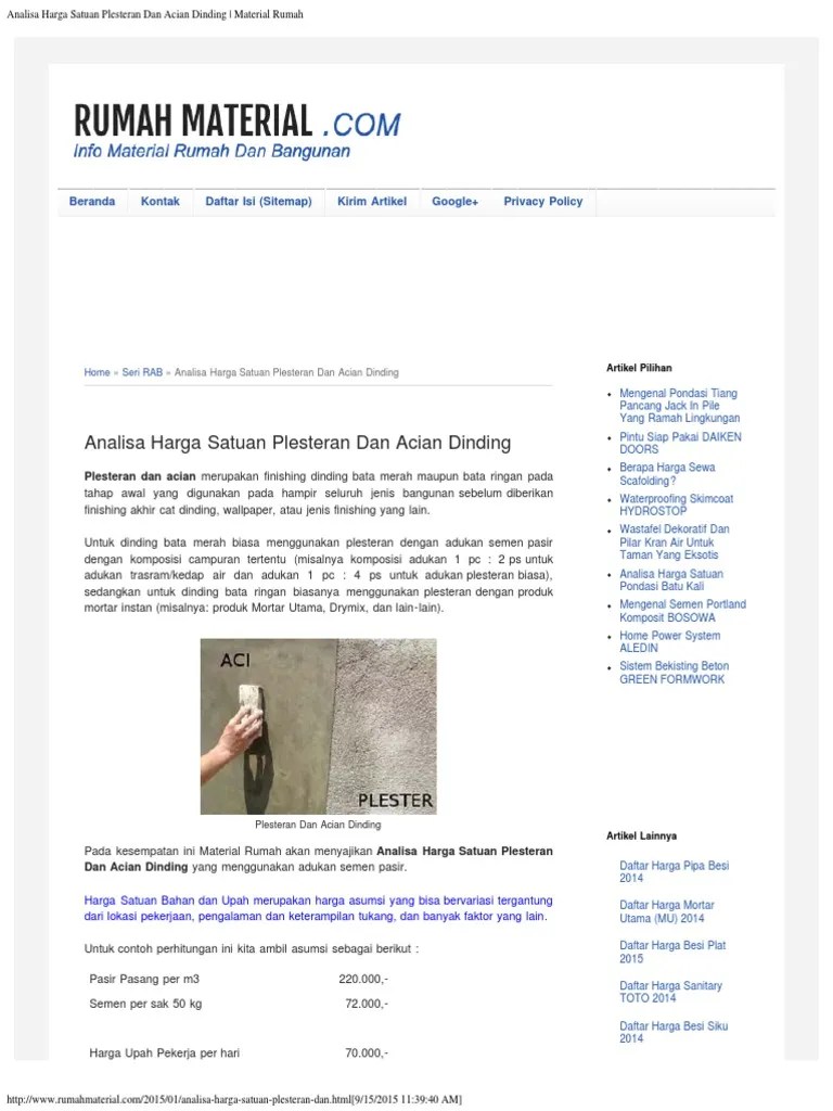 Analisa Harga Satuan Plesteran Dan Acian Dinding - Material Rumah | PDF