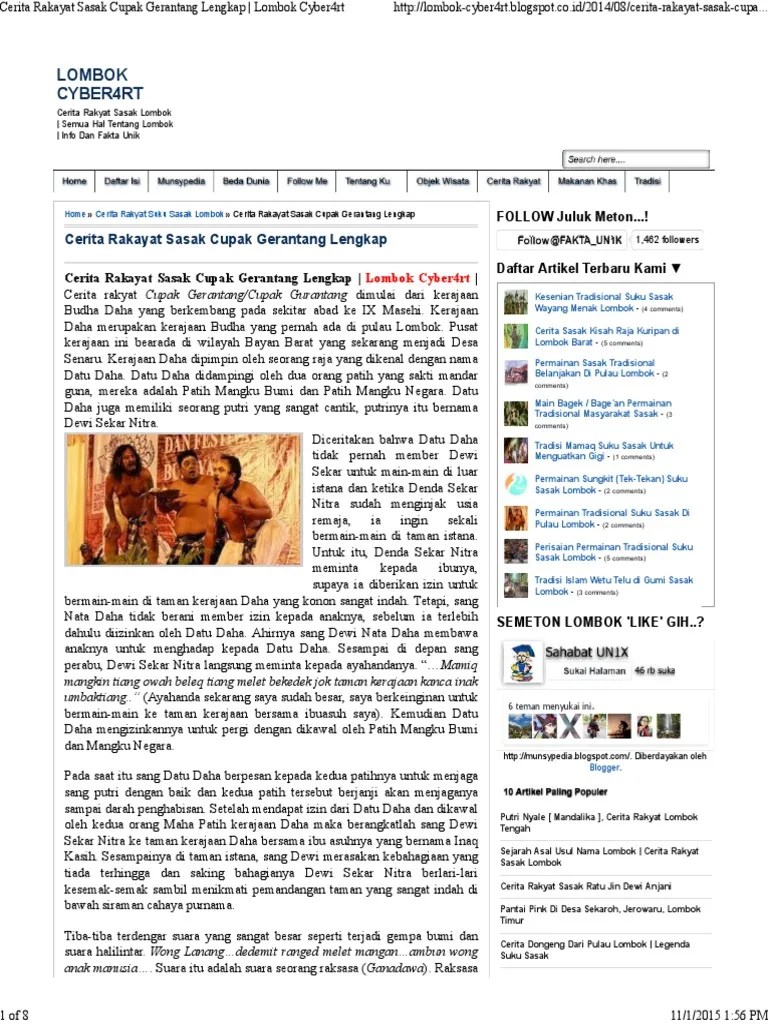 Cerita Rakayat Sasak Cupak Gerantang Lengkap - Lombok Cyber4rt | PDF