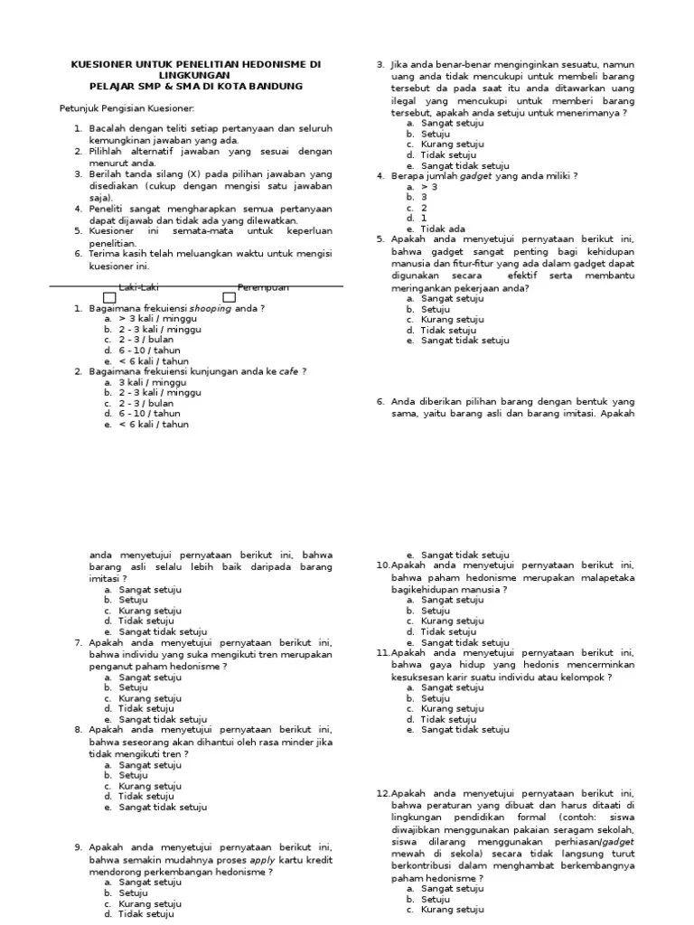 Kuesioner Untuk Penelitian Hedonisme Di Lingkungan Pelajar SMP &amp; Sma | PDF