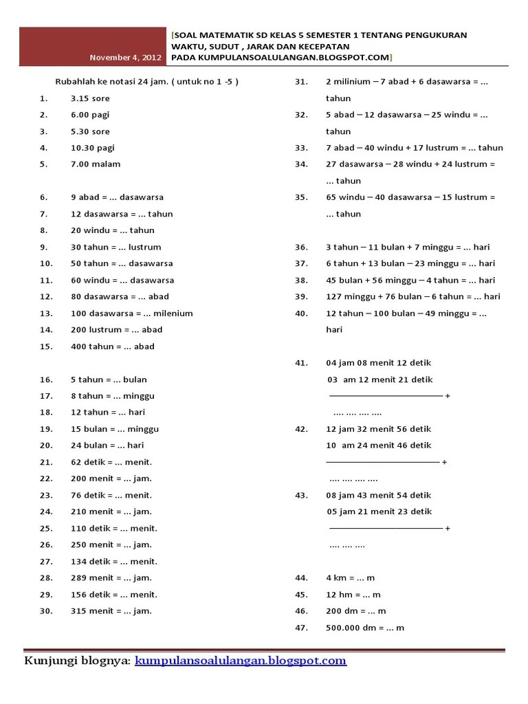 Soal Matematik SD Kelas 5 Semester 1 Tentang Pengukuran Waktu | PDF