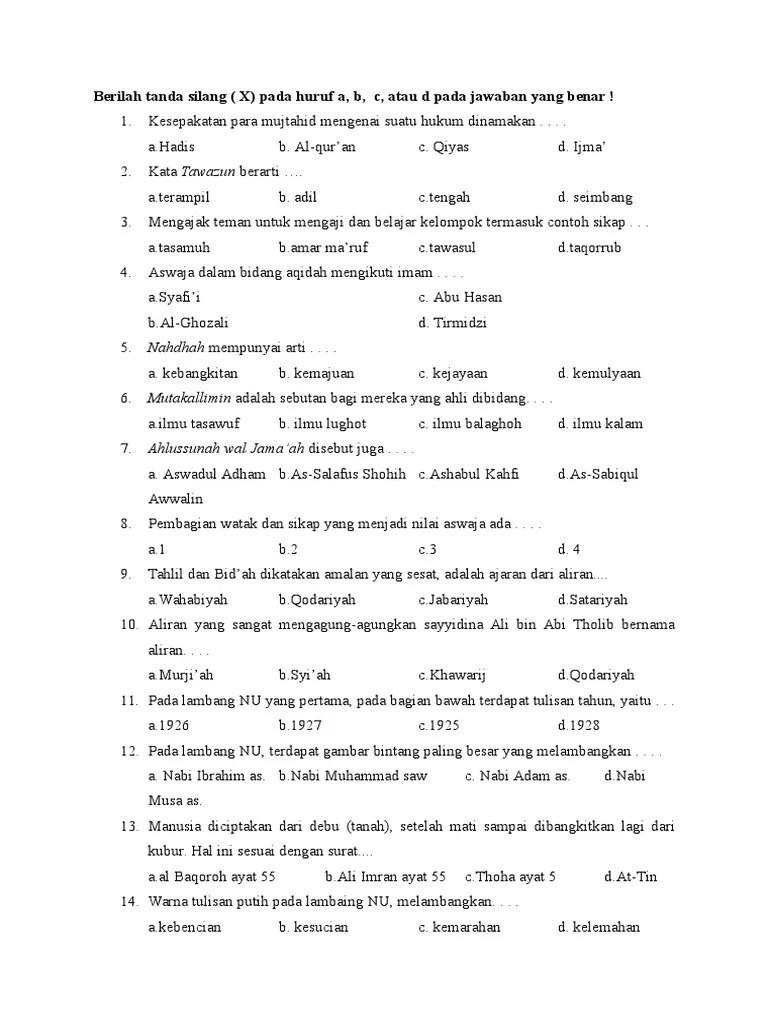 Soal Uts Aswaja Pilihan Ganda Semester Ganjil Beserta Jawabannya