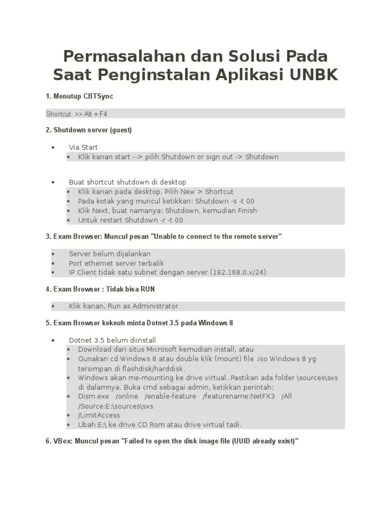 Permasalahan Dan Solusi Pada Saat Penginstalan Aplikasi UNBK | PDF
