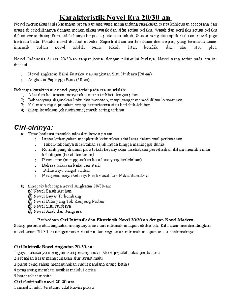 Karakteristik Novel Era 20 | PDF