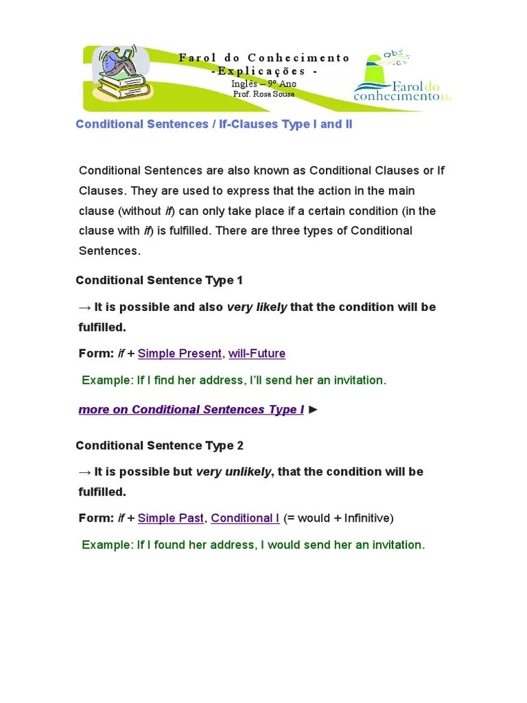 Conditional Sentences - If Clauses Type I and II | PDF | Sentence  (Linguistics) | Grammar