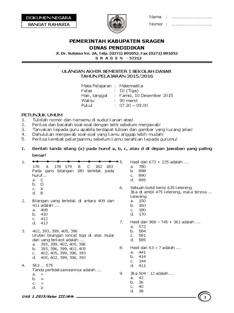 Soal Ulangan Akhir Semester 1 Matematika Kelas 3 Sd