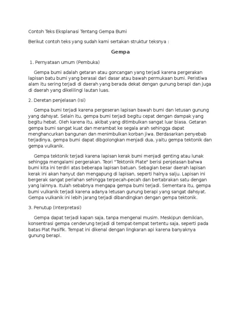 Contoh Teks Eksplanasi Tentang Gempa Bumi | PDF