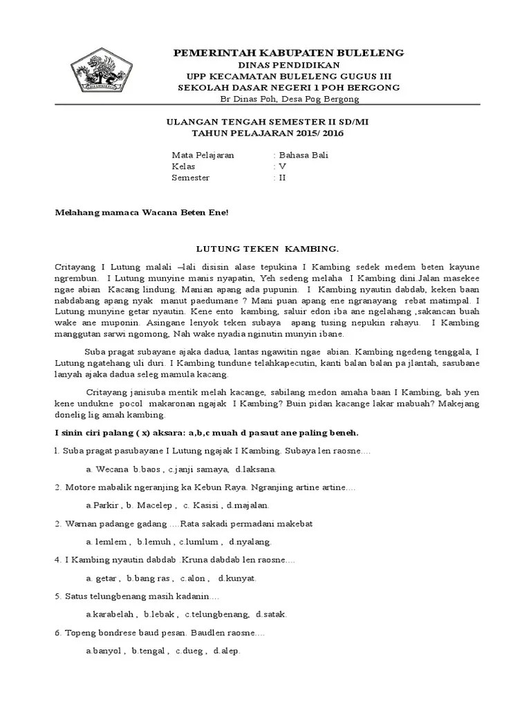 Soal Uas Bahasa Bali Kelas 2 Sd Semester 1 Kurikulum 2013 - Dapatkan Data