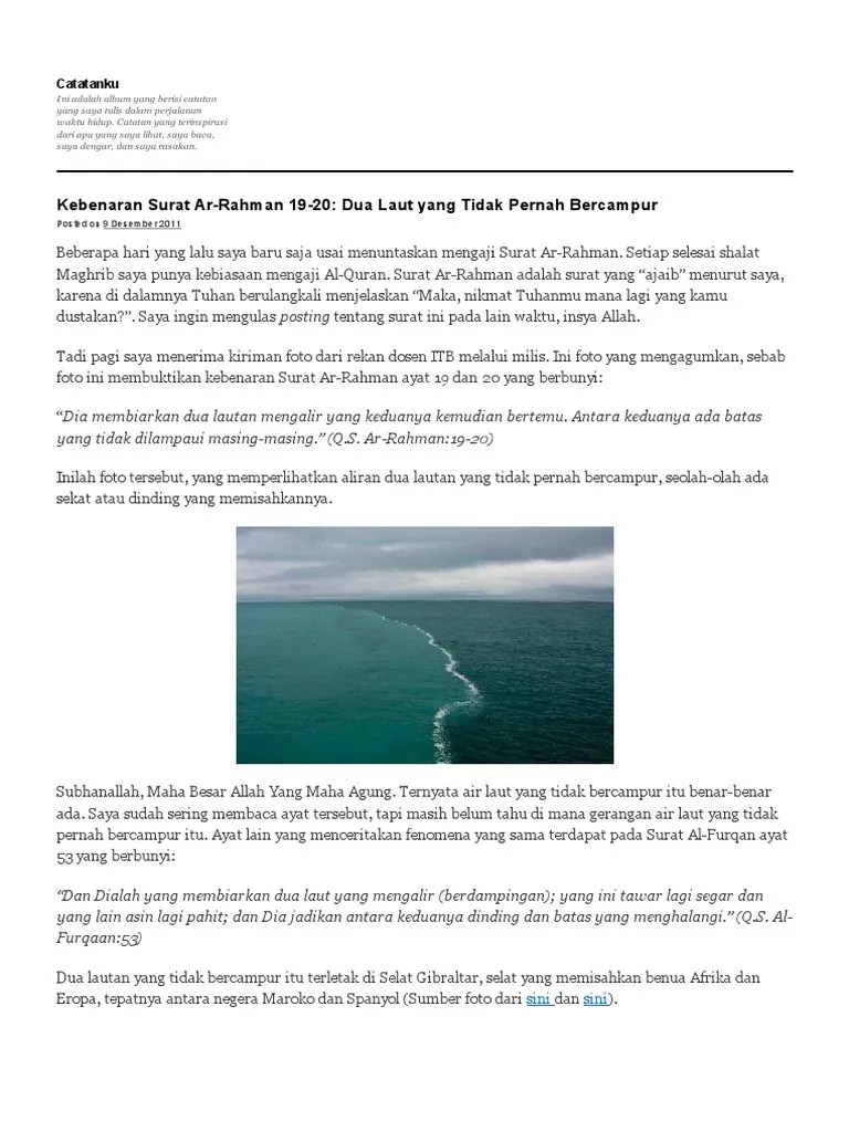 Kebenaran Surat Ar-Rahman 19-20 (Dua Laut Yang Tidak Pernah Bercampur) | PDF