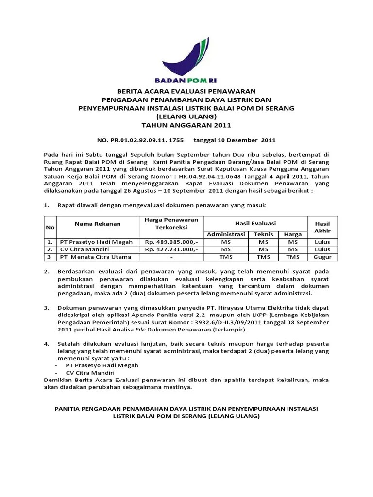 Contoh Berita Acara Evaluasi Penawaran | PDF