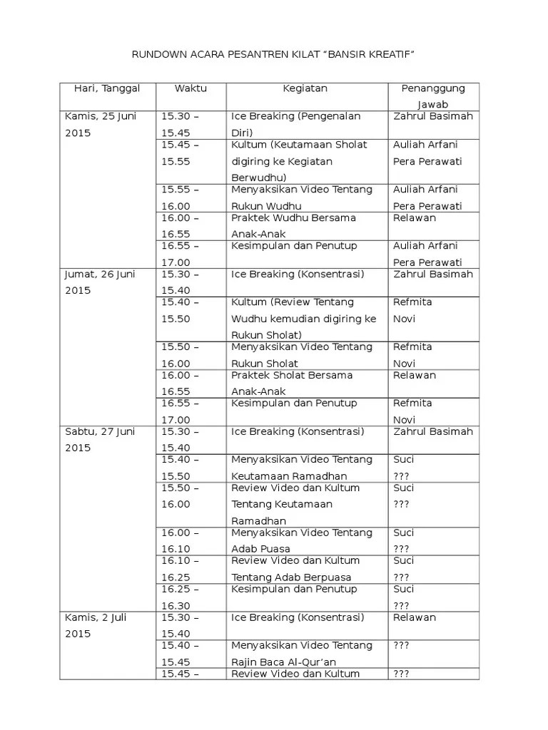 Rundown Acara Pesantren Kilat | PDF