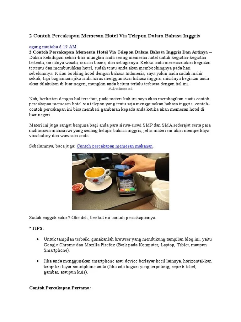 2 Contoh Percakapan Memesan Hotel Via Telepon Dalam Bahasa Inggris | PDF