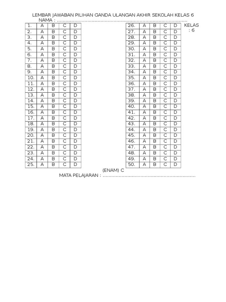 Lembar Jawaban Pilihan Ganda Ulangan Akhir Sekolah Kelas 6 50 Soal | PDF