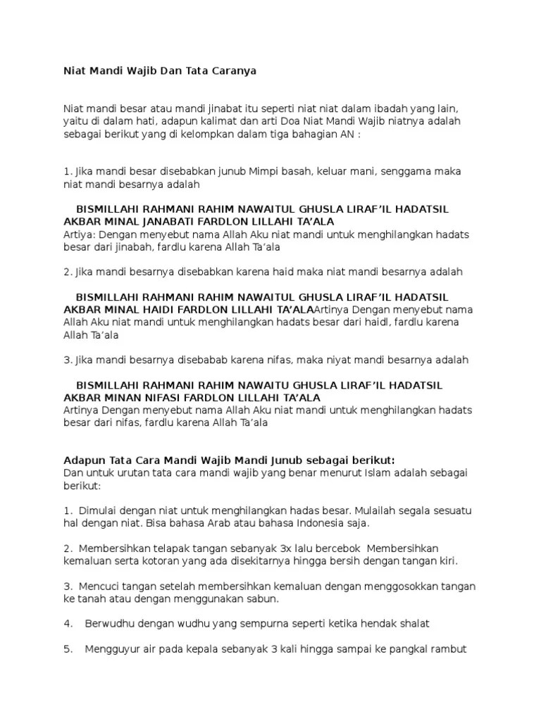 Niat Mandi Wajib Dan Tata Caranya | PDF