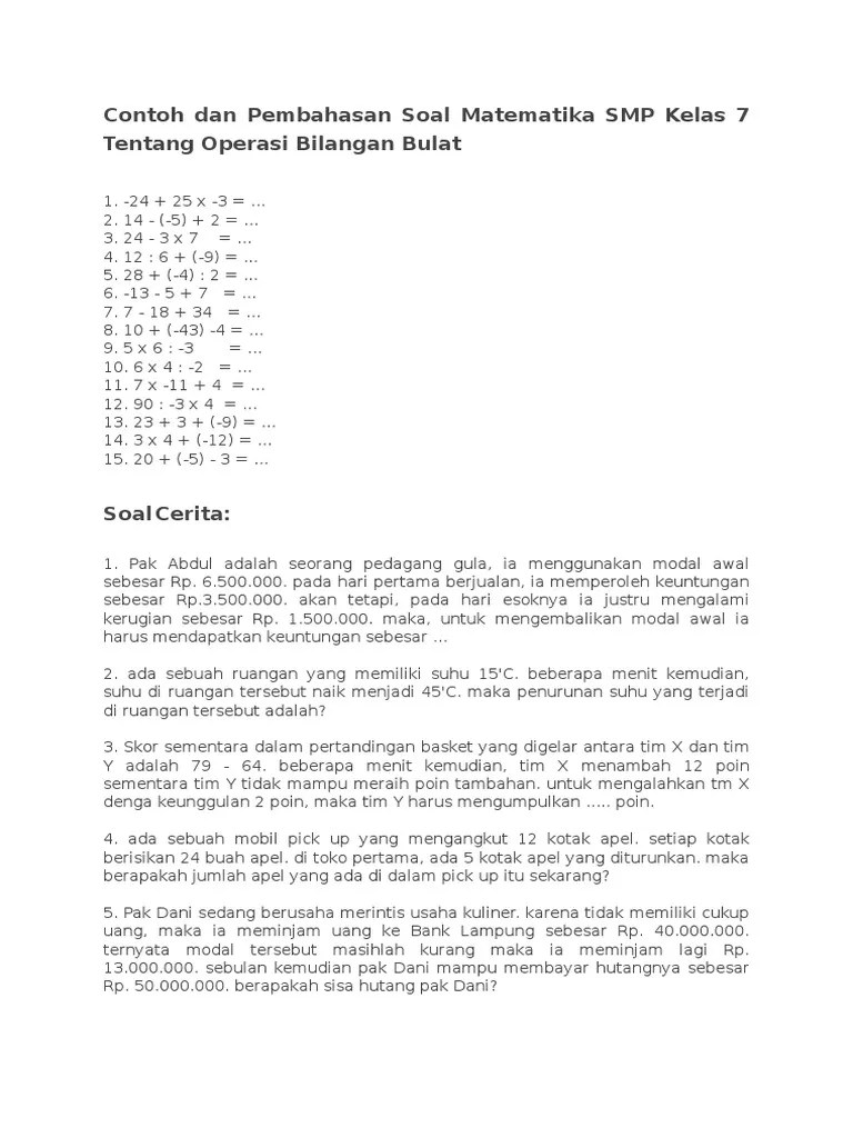 Contoh Dan Pembahasan Soal Matematika SMP Kelas 7 Tentang Operasi Bilangan  Bulat | PDF