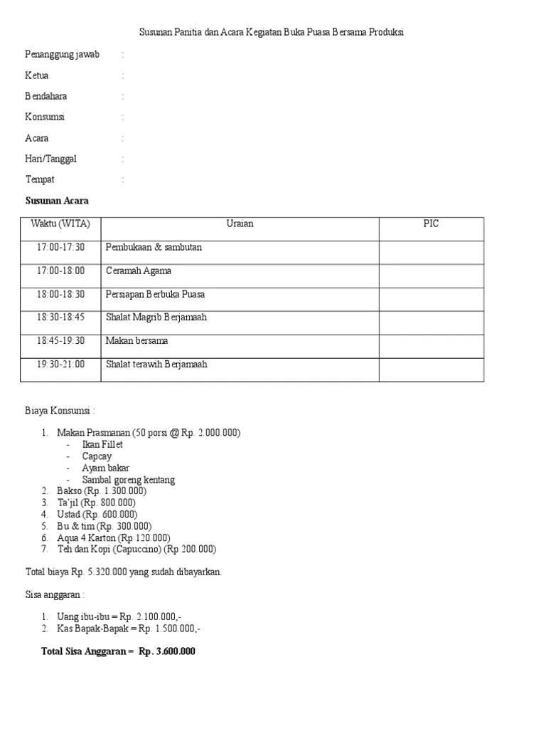 Susunan Panitia Dan Acara Kegiatan Buka Puasa Bersama Produksi B | PDF