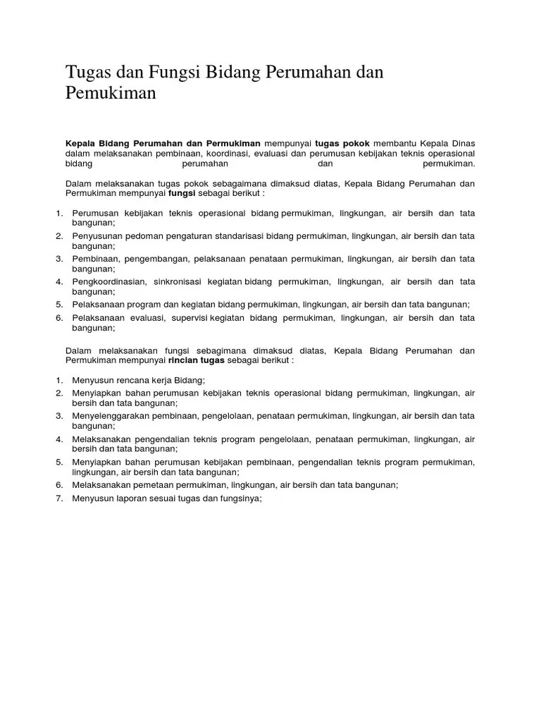 Tugas Dan Fungsi Bidang Perumahan Dan Pemukiman | PDF