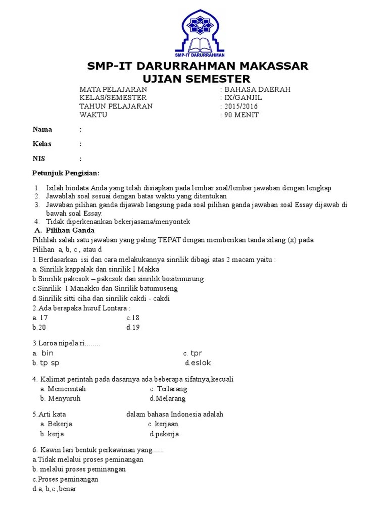 Soal Bahasa Daerah Bugis Sd