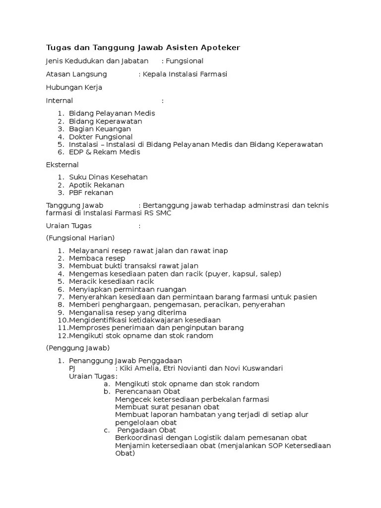 Tugas Dan Tanggung Jawab Asisten Apoteker | PDF