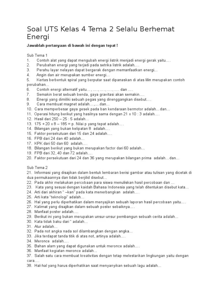 Contoh Soal Uts Tema 2 Kelas 4