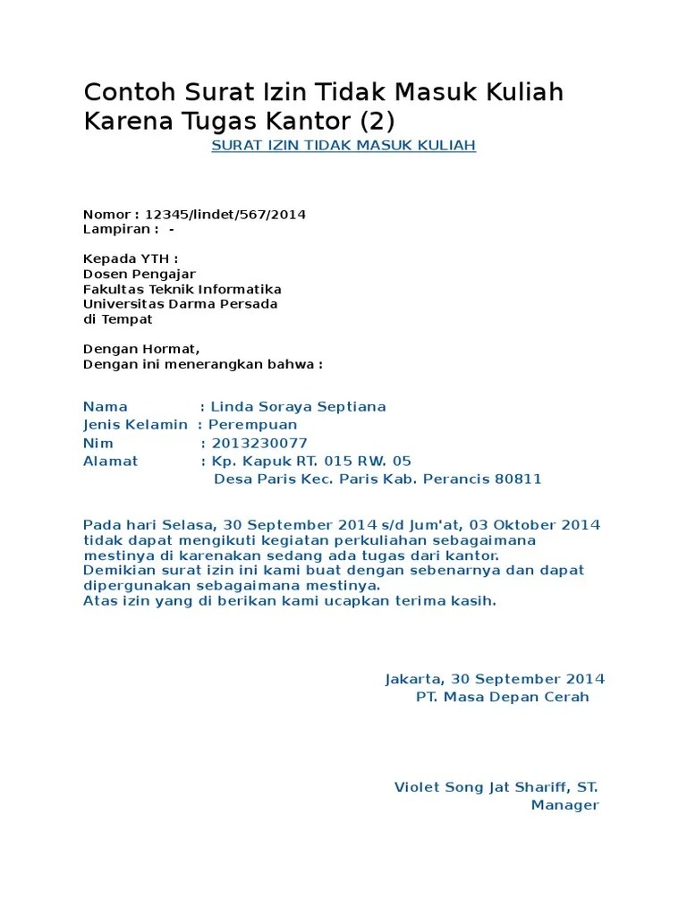 Contoh Surat Izin Tidak Masuk Mentoring - Contoh Surat