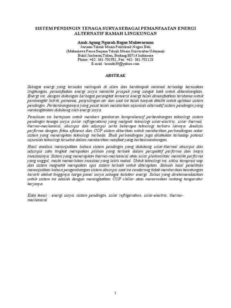 Sistem Pendingin Tenaga Surya Sebagai Pemanfaatan Energi Alternatif Ramah  Lingkungan | PDF