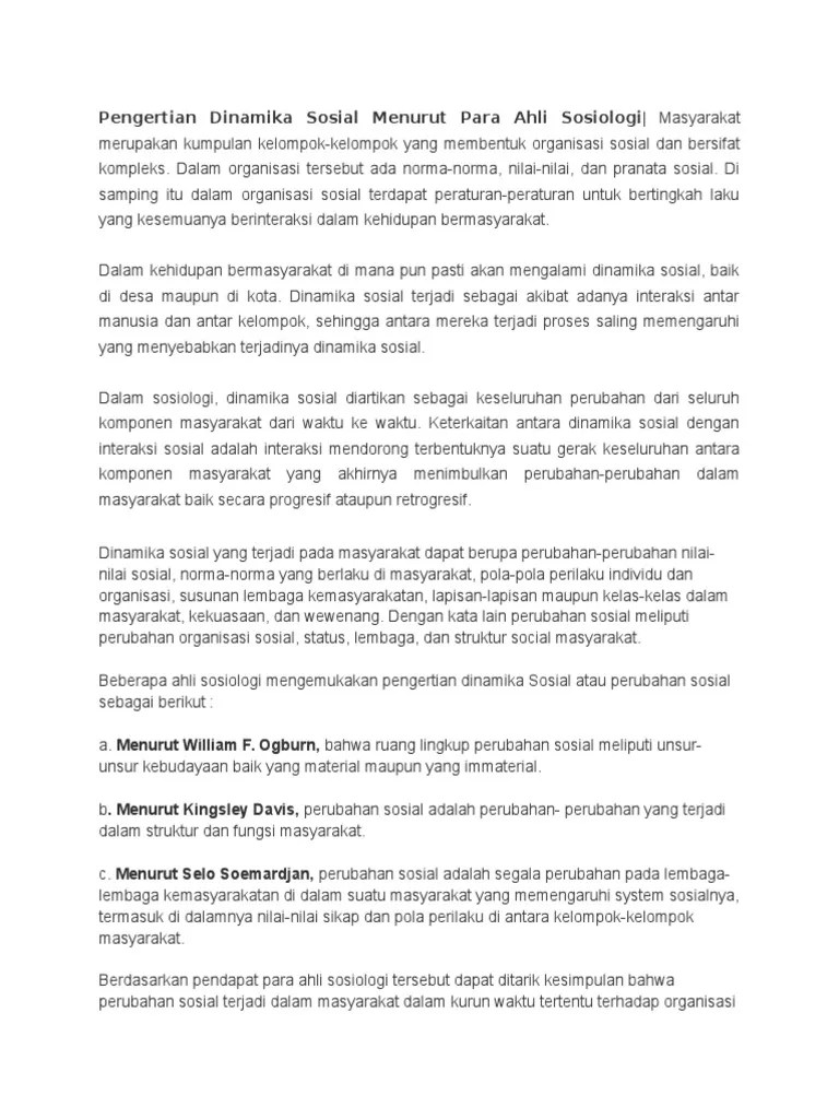 Pengertian Dinamika Sosial Menurut para Ahli Sosiologi | PDF