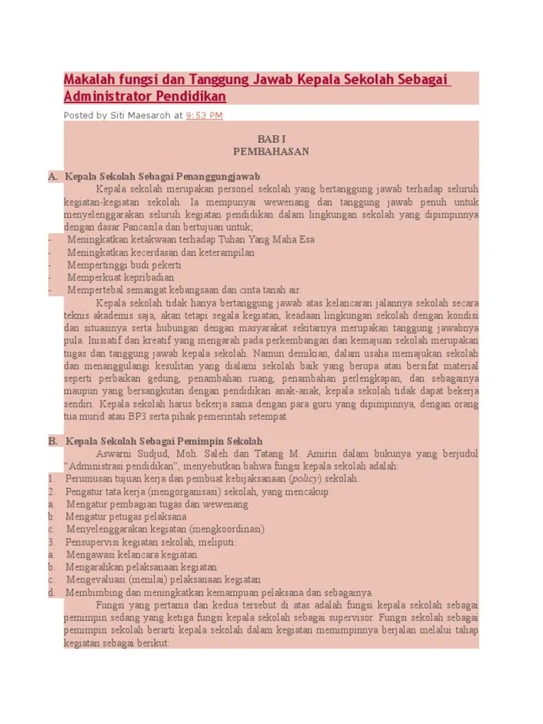 Makalah Fungsi Dan Tanggung Jawab Kepala Sekolah Sebagai Administrator  Pendidikan | PDF