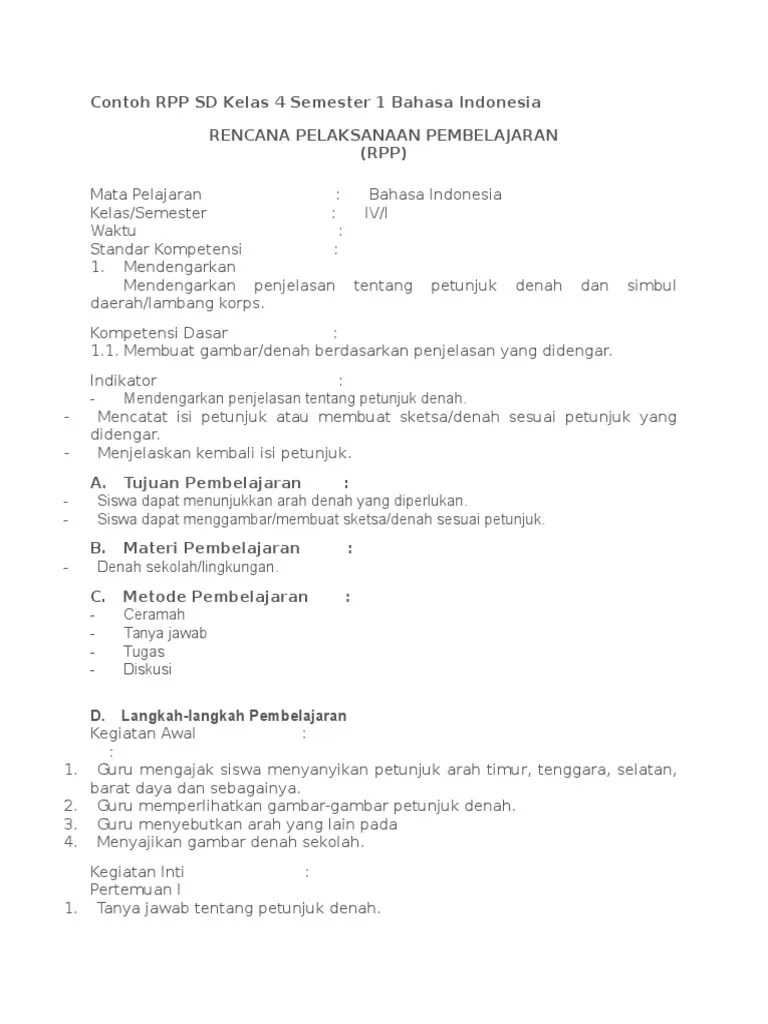 Contoh RPP SD Kelas 4 Semester 1 Bahasa Indonesia Tugas Pak Wijo | PDF