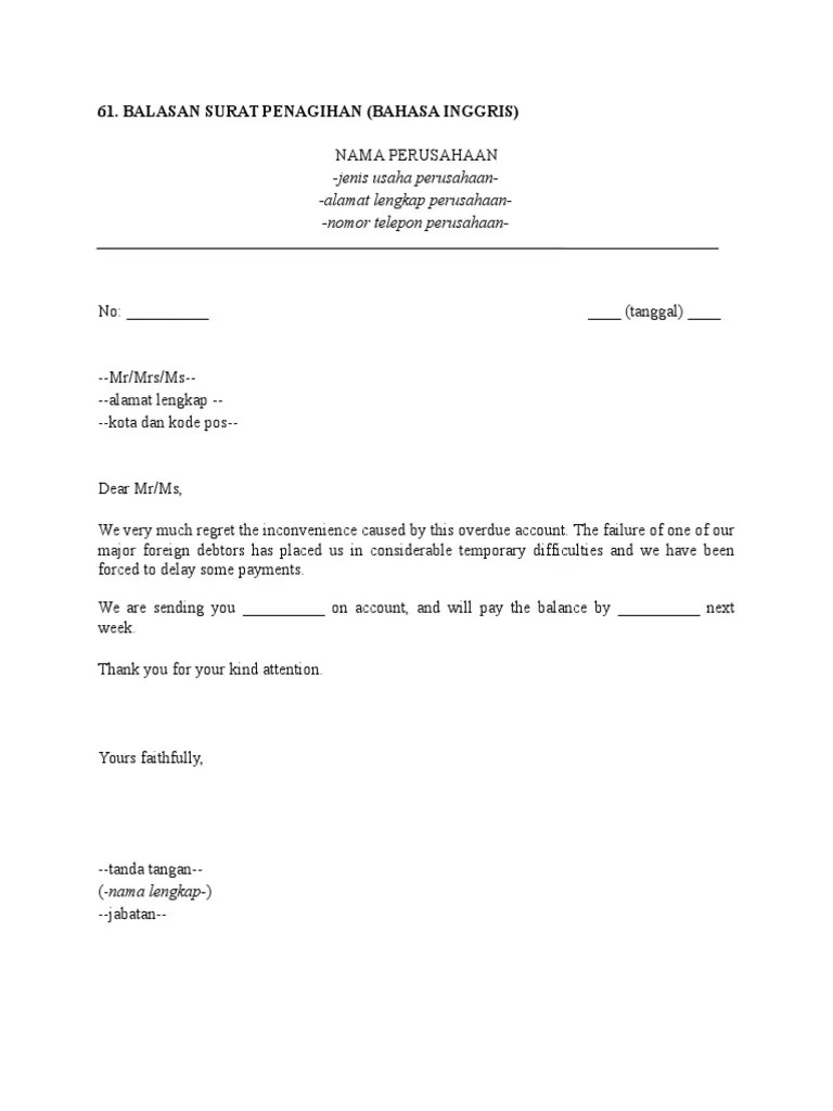 Balasan Surat Penagihan (Bahasa Inggris) | PDF