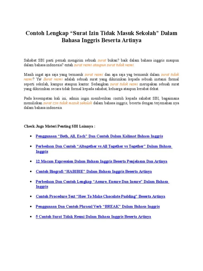 45+ Surat Izin Tidak Masuk Sekolah Bahasa Inggris Beserta Artinya PNG