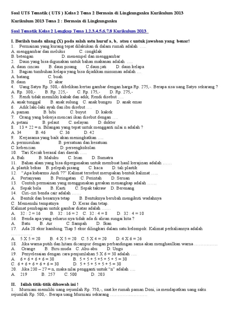 Soal UTS Tematik Kelas 2 Tema 2 Bermain Di Lingkunganku Kurikulum 2013 | PDF