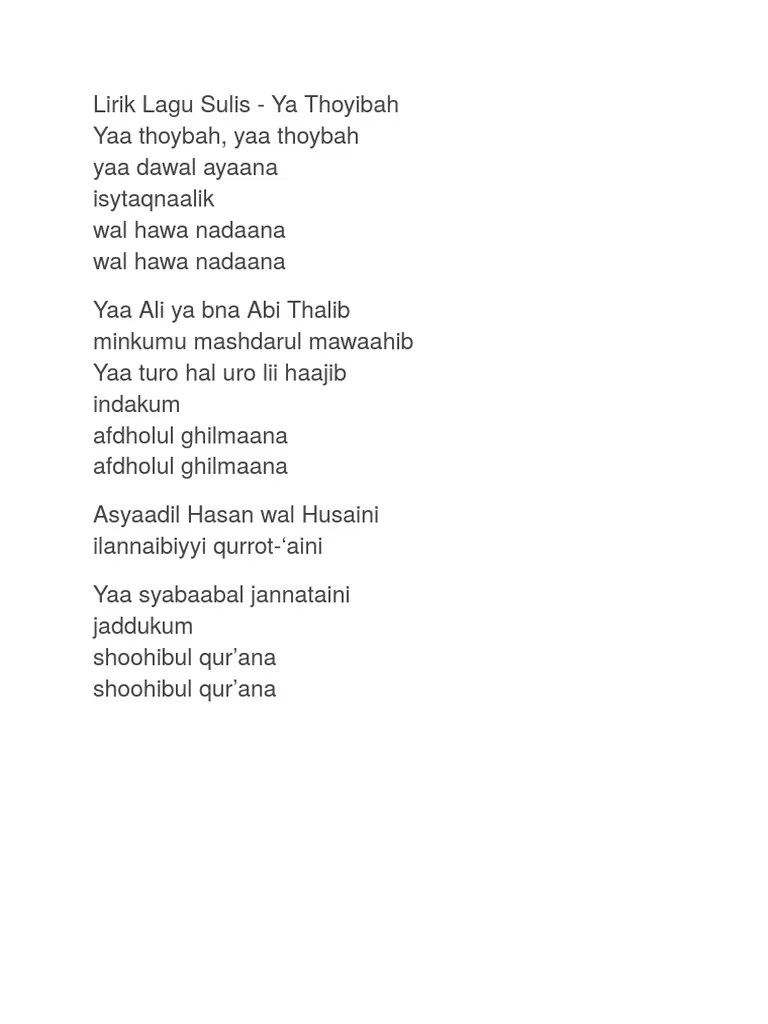 Lirik Lagu Sulis Ya Thoybah | PDF