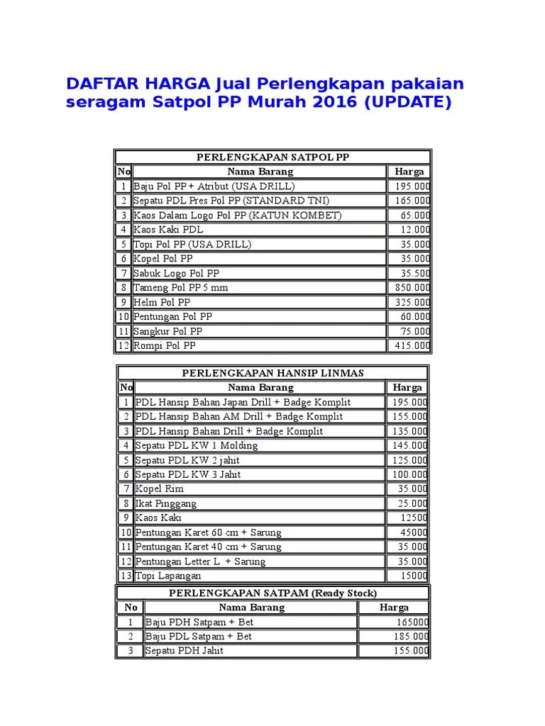 DAFTAR HARGA Jual Perlengkapan Pakaian Seragam Satpol PP Murah 2016 | PDF