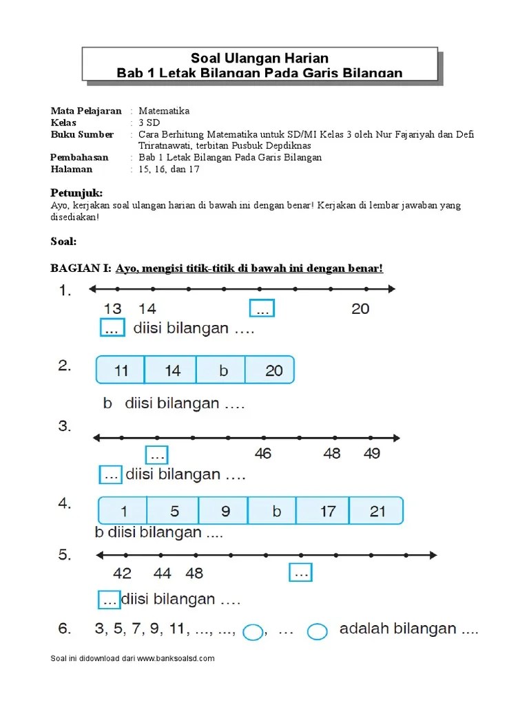 03-SD-MTK-Fajariah Soal Ulangan Harian Bab 01 Letak Bilangan Pada Garis  Bilangan | PDF