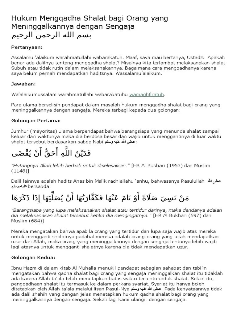 Hukum Mengqadha Shalat Bagi Orang Yang Meninggalkannya Dengan Sengaja