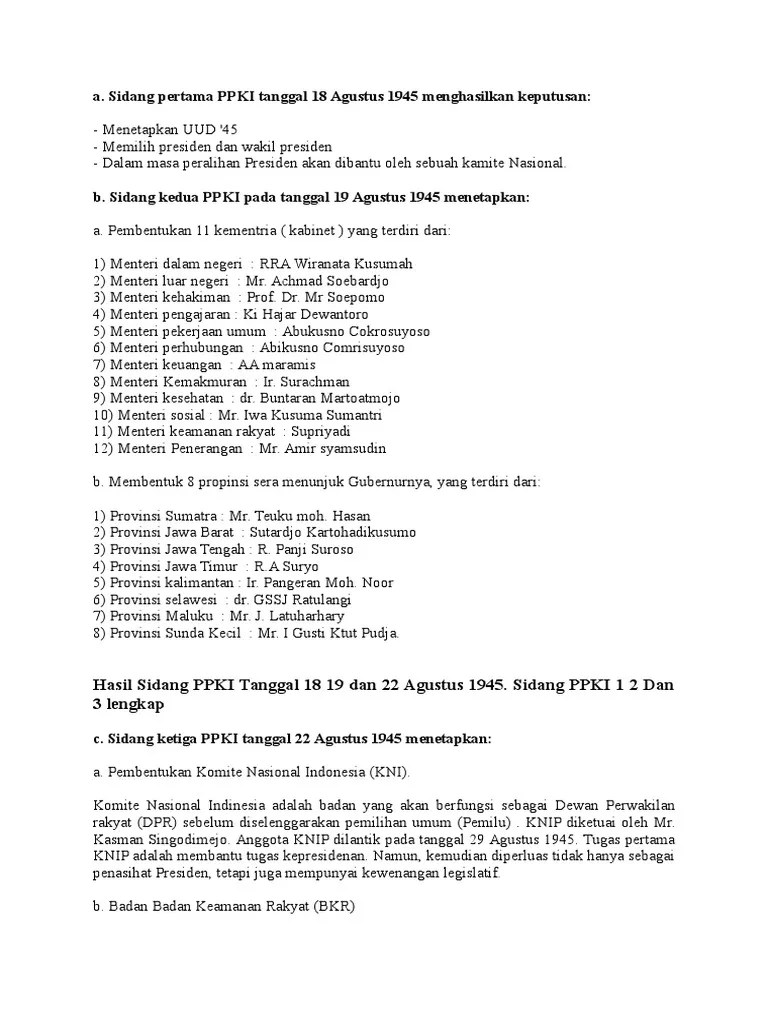 A. Sidang Pertama PPKI Tanggal 18 Agustus 1945 Menghasilkan Keputusan | PDF