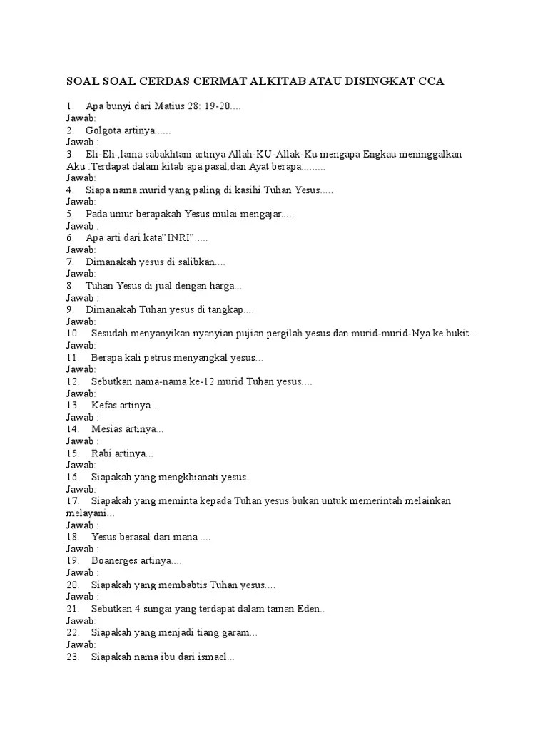 Soal Soal Cerdas Cermat Alkitab Atau Disingkat Cca Soal | PDF