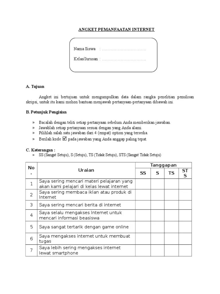 Contoh Angket Penelitian Tentang Pengaruh Internet Bagi Pelajar – Beinyu.com