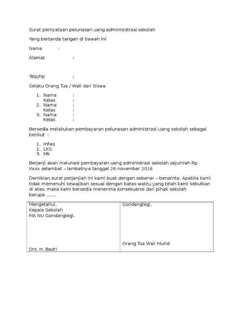 Surat Pernyataan Pelunasan Uang Adminisistrasi Sekolah | PDF
