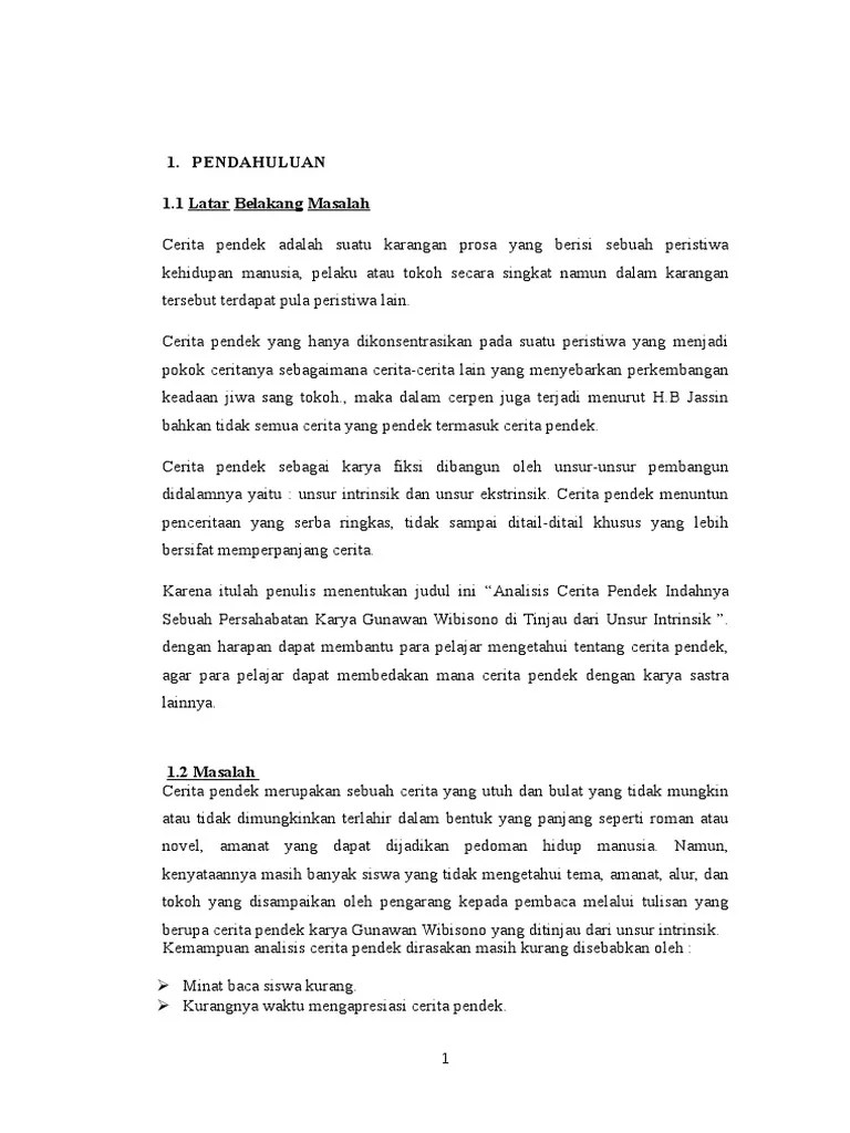 Analisis Cerita Pendek Indahnya Sebuah Persahabatan Karya Gunawan Wibisono  Di Tinjau Dari Unsur Intrinsik | PDF