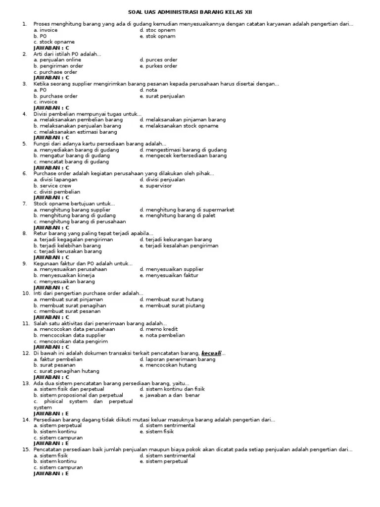 Soal Uas Administrasi Barang Kelas Xii | PDF